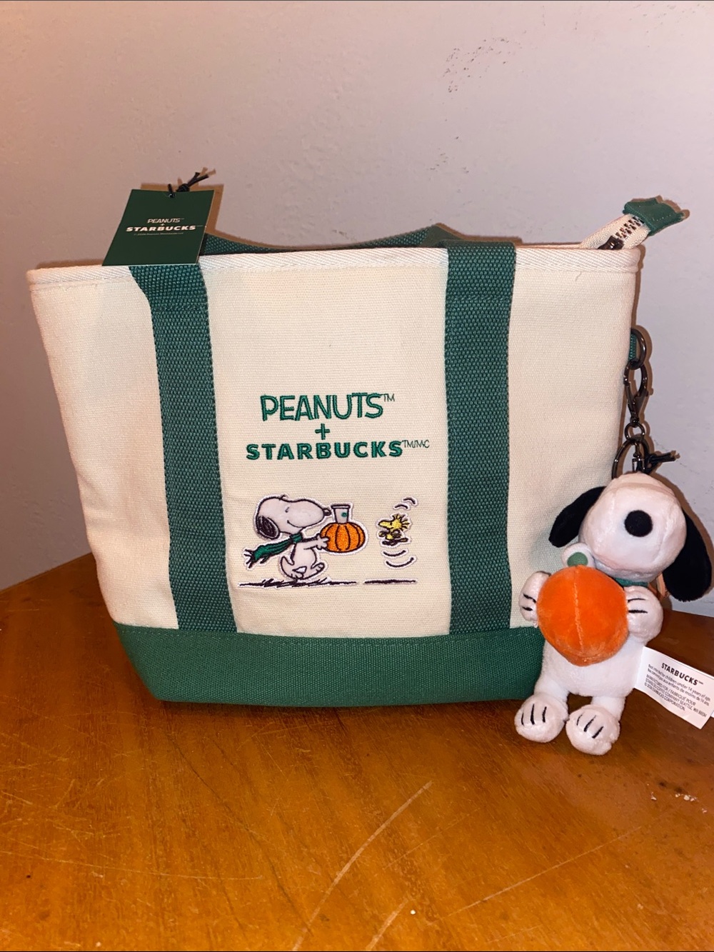 Starbucks x Peanuts Green & Cream Canvas Tote with Snoopy Charm